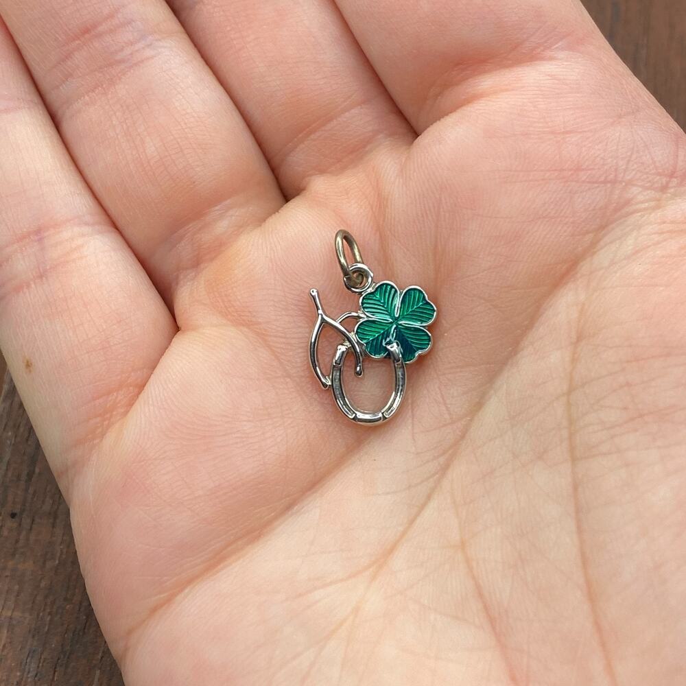 Vintage 925 Sterling Silver Good Luck Wishbone Clover Horseshoe Pendant Charm